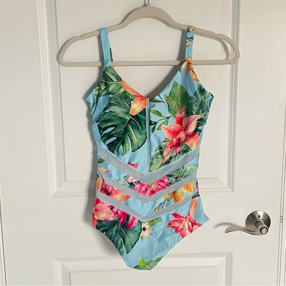 New! Leonisa Blue Floral Mesh Cutout Slimming One-Piece Swimsuit - 35123 - Picture 4 of 13